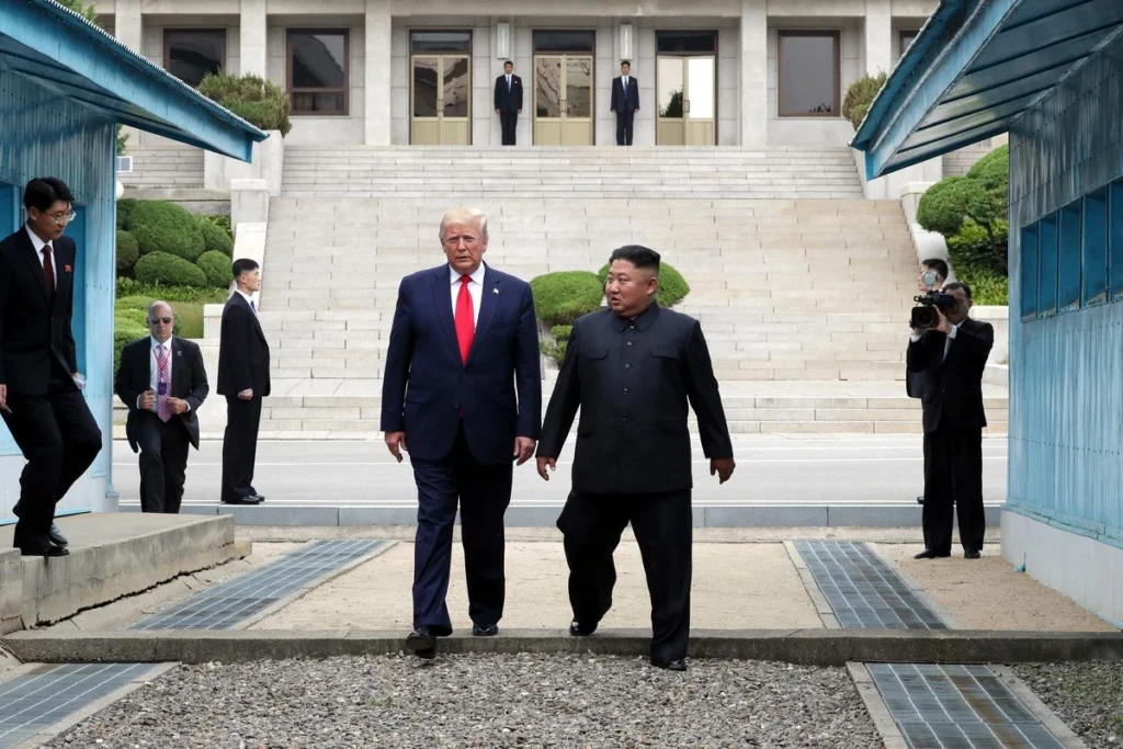 Donald Trump and Kim Jong Un meet the DMZ in Panmunjom, South Korea.